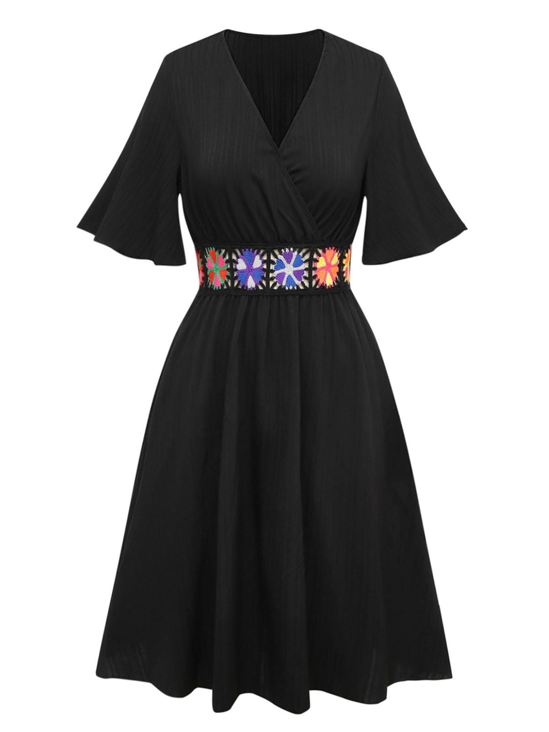 Black 1940s Embroidery Boho V-Neck Dress - vintage dress, retro fashion, classic black