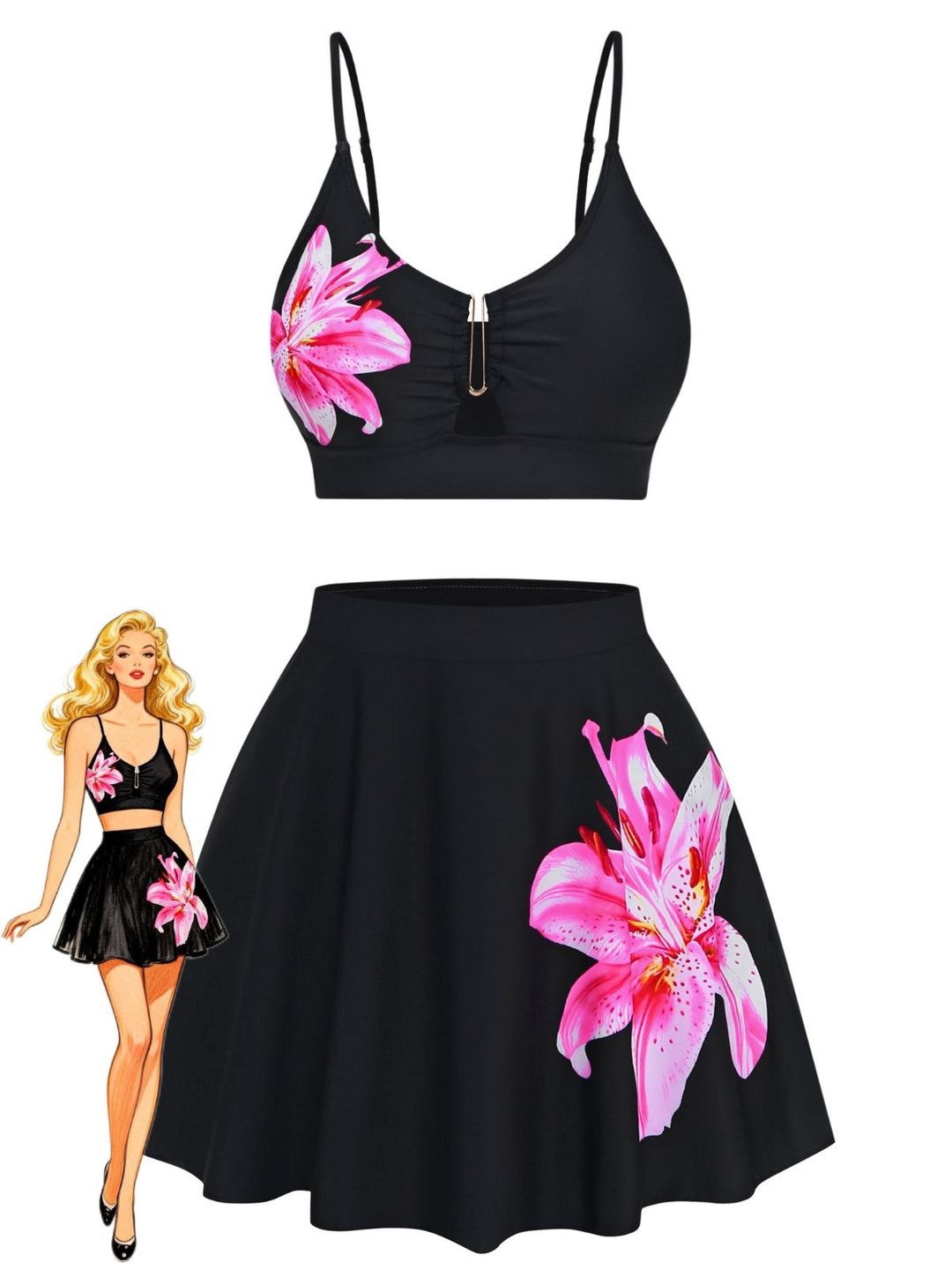 Black 1940s Floral Metal Buckle Tankini Set - vintage fashion, retro style, classic black