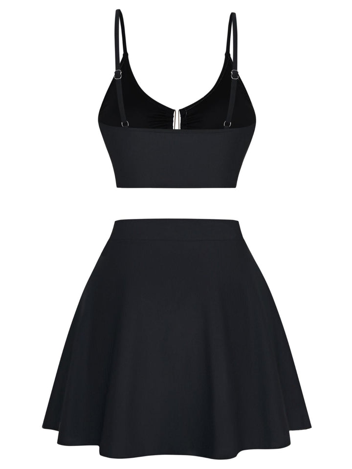 Black 1940s Floral Metal Buckle Tankini Set - vintage fashion, retro style, classic black