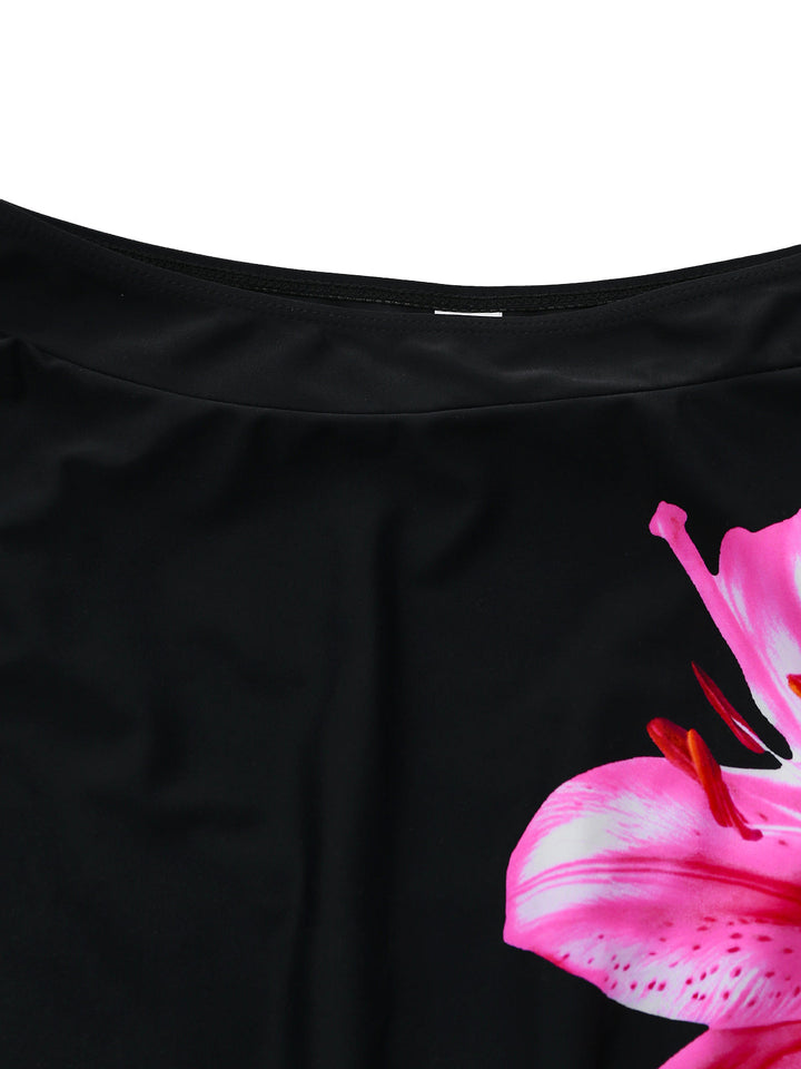 Black 1940s Floral Metal Buckle Tankini Set - vintage fashion, retro style, classic black