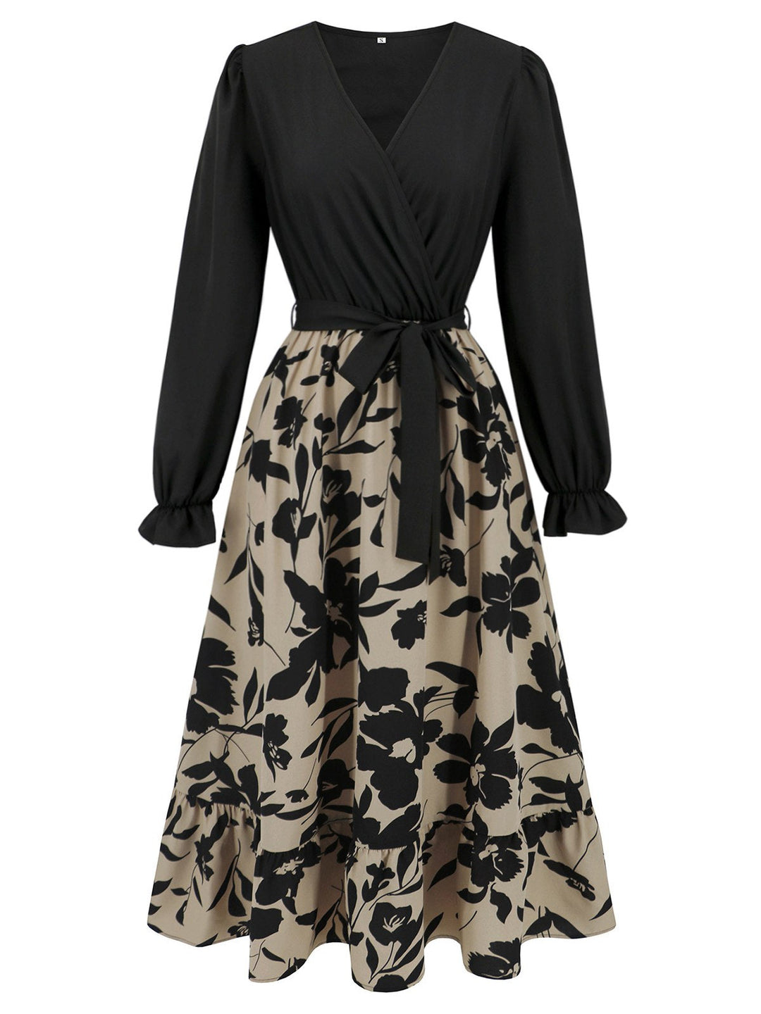 She slips into this Black 1940s Floral Silhouette Long Sleeved Dress and suddenly it&