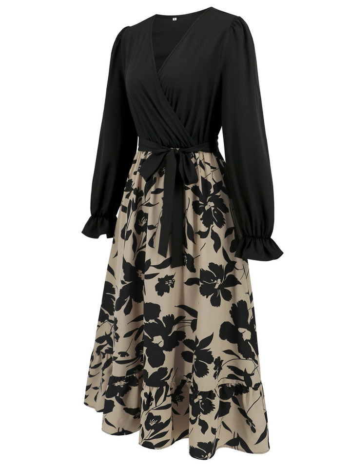 Black 1940s Floral Silhouette Long Sleeved Dress: where 1940s romance meets her modern spirit