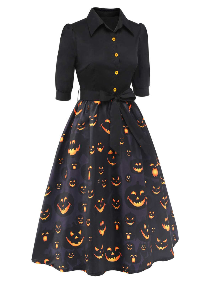 Black 1940s Halloween Lapel Pumpkin Belted Dress: timeless style reimagined