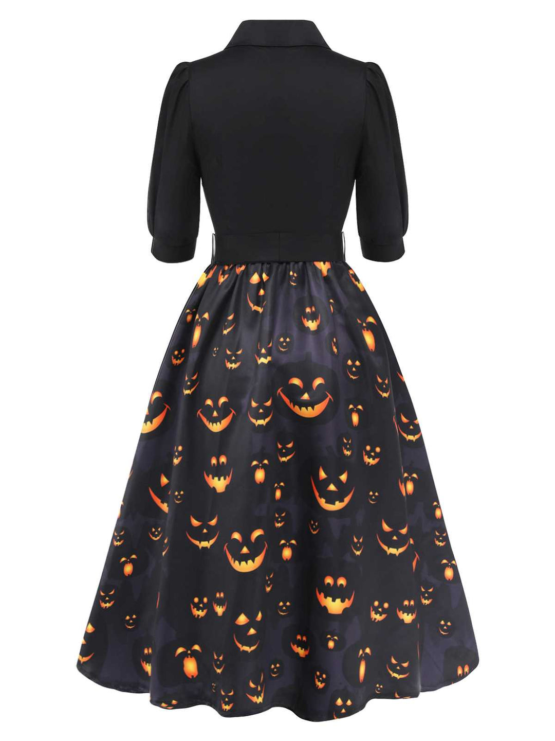 Black 1940s Halloween Lapel Pumpkin Belted Dress — vintage elegance for the modern woman