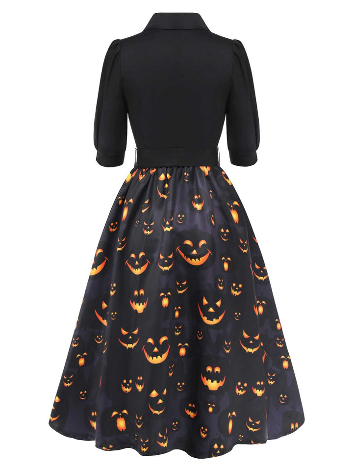 Black 1940s Halloween Lapel Pumpkin Belted Dress — vintage elegance for the modern woman
