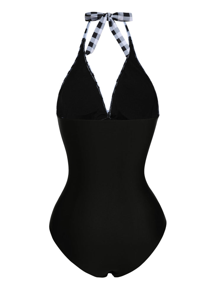 Black 1940s Halter Backless Plaids One-Piece Swimsuit, vintage swimsuit, pin-up swimwear - perfect for women who love vintage and retro fashion