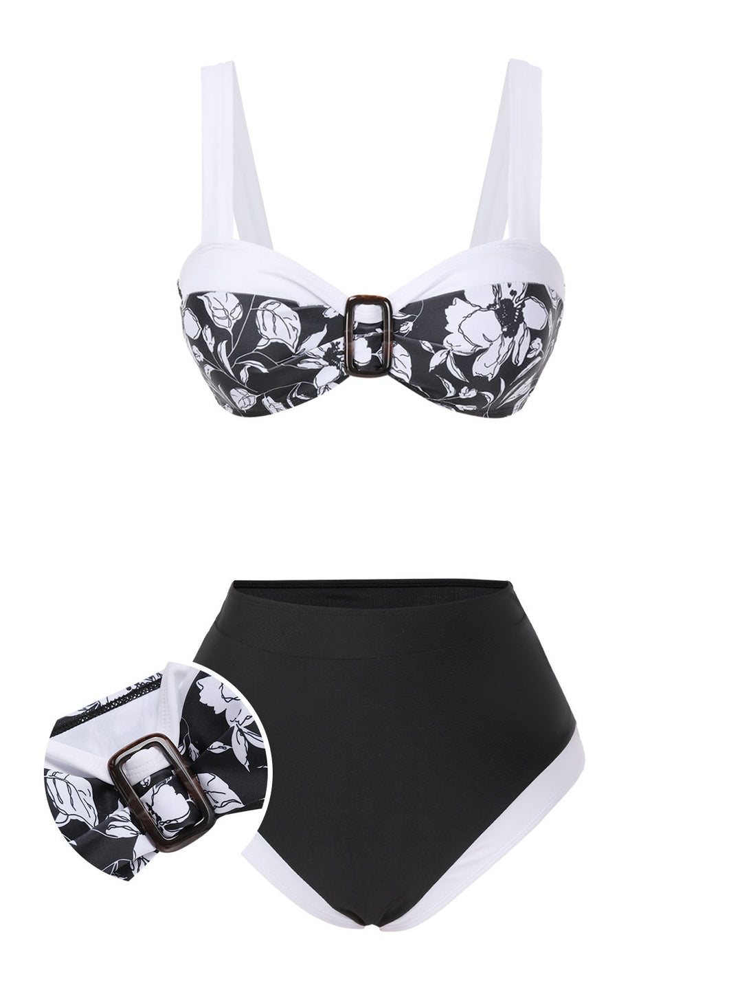 Black 1940s Hepburn Silhouette Floral Bikini Set - vintage fashion, retro style, classic black