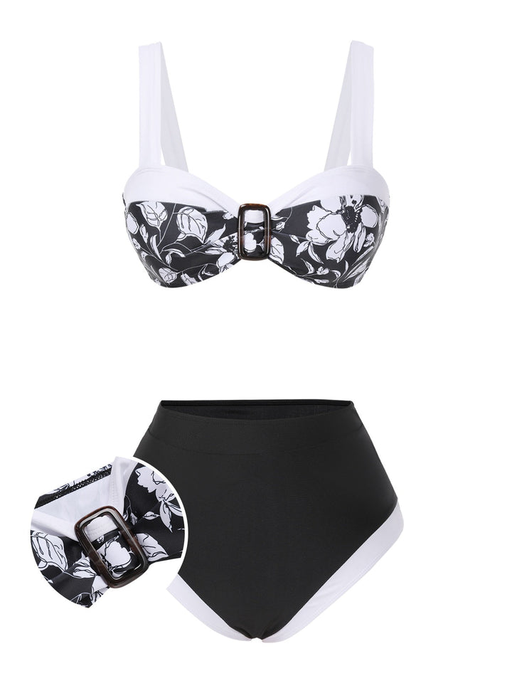 Black 1940s Hepburn Silhouette Floral Bikini Set - vintage fashion, retro style, classic black