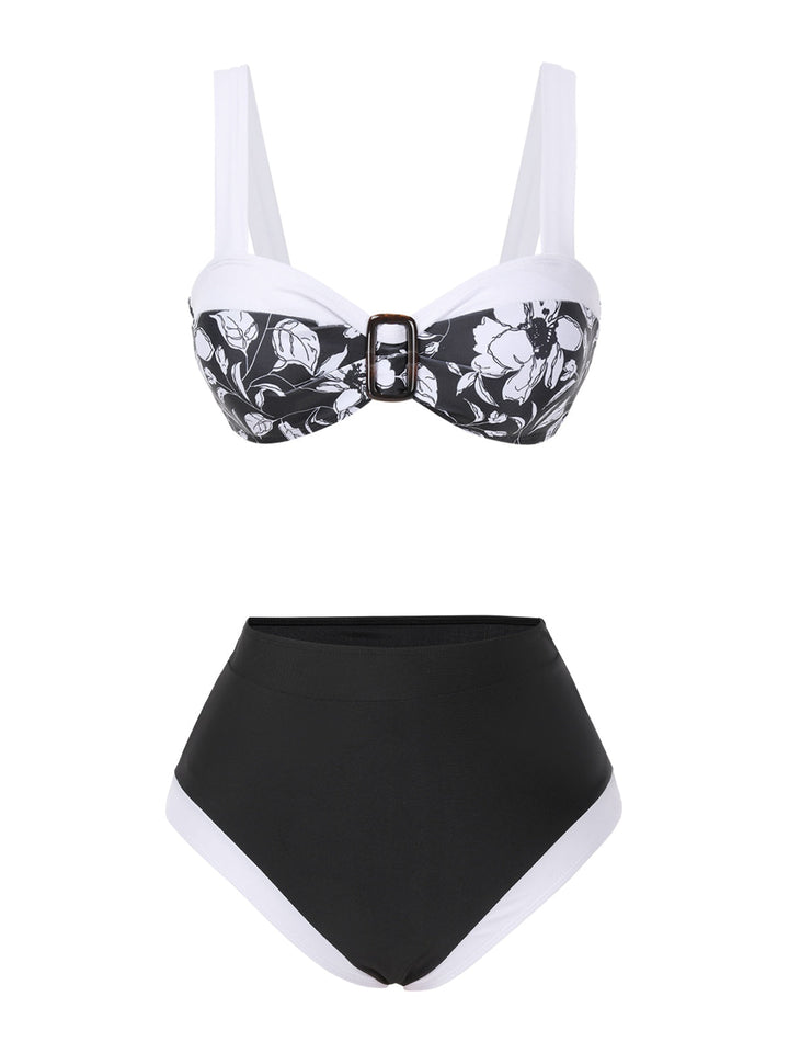 Black 1940s Hepburn Silhouette Floral Bikini Set - vintage fashion, retro style, classic black