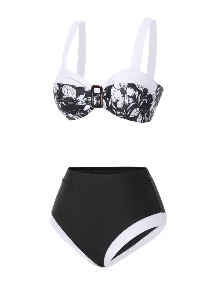 Black 1940s Hepburn Silhouette Floral Bikini Set - vintage fashion, retro style, classic black