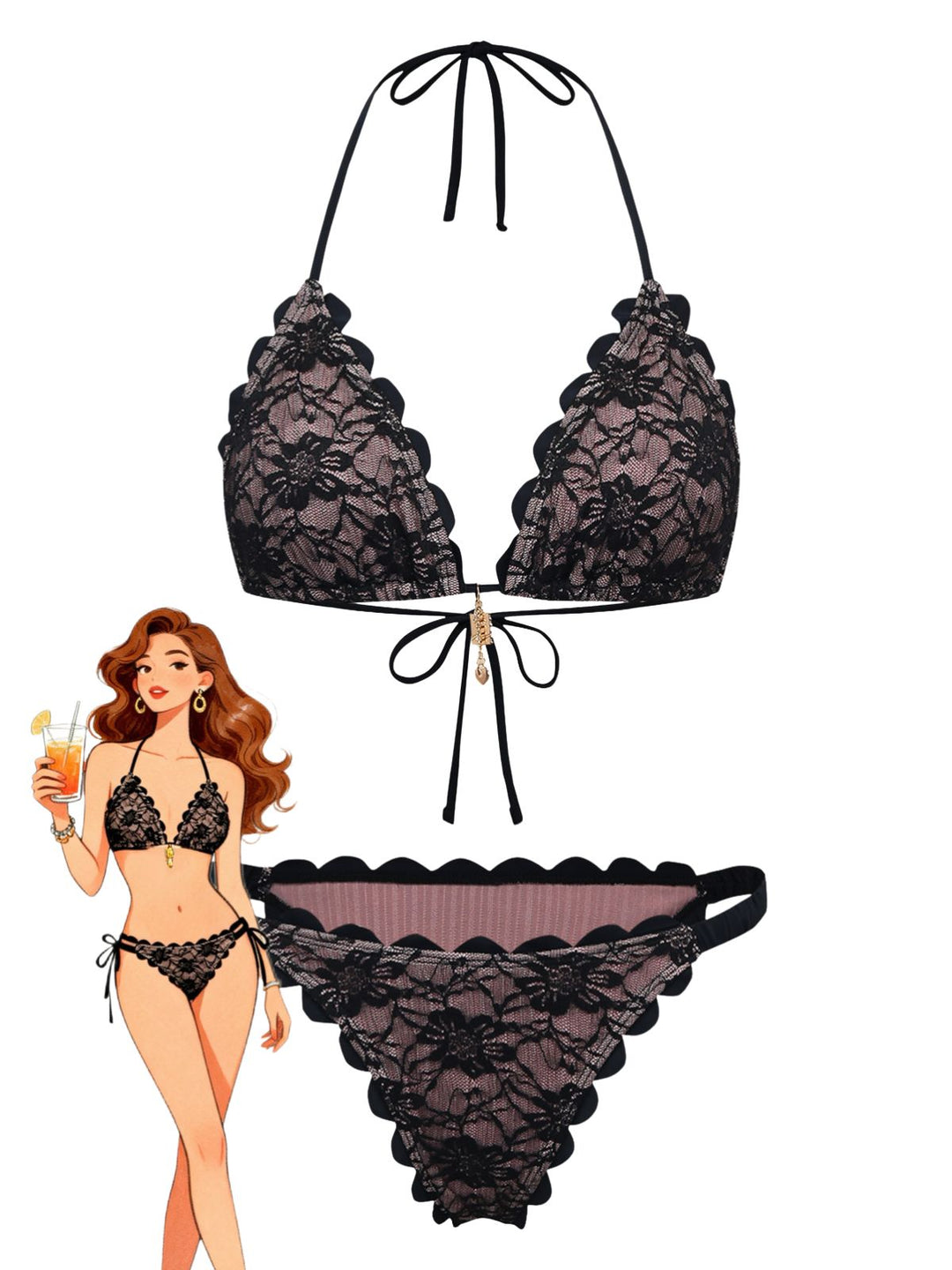 Black Lace Halter Backless Bikini Set, vintage swimsuit, swimwear - perfect for women who love vintage and retro fashion