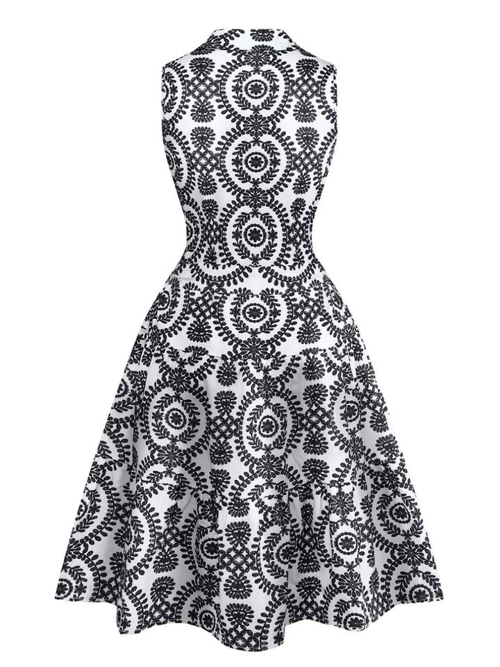 Black 1940s Lapel Tie-Waist Floral Sleeveless Dress - vintage dress, retro fashion, classic black