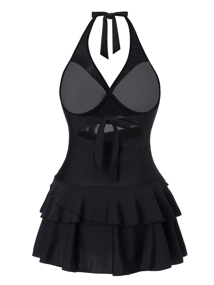 Black 1940s Layered Hem Halter Swimdress: where 1940s romance meets her modern spirit