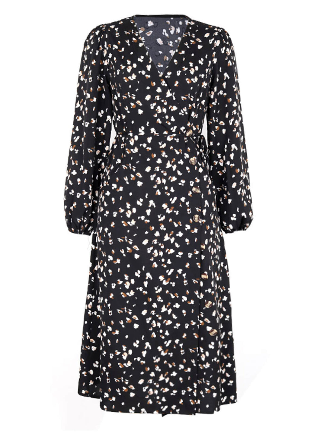 She slips into this Black 1940s Leopard V-Neck Wrap Dress and suddenly it&