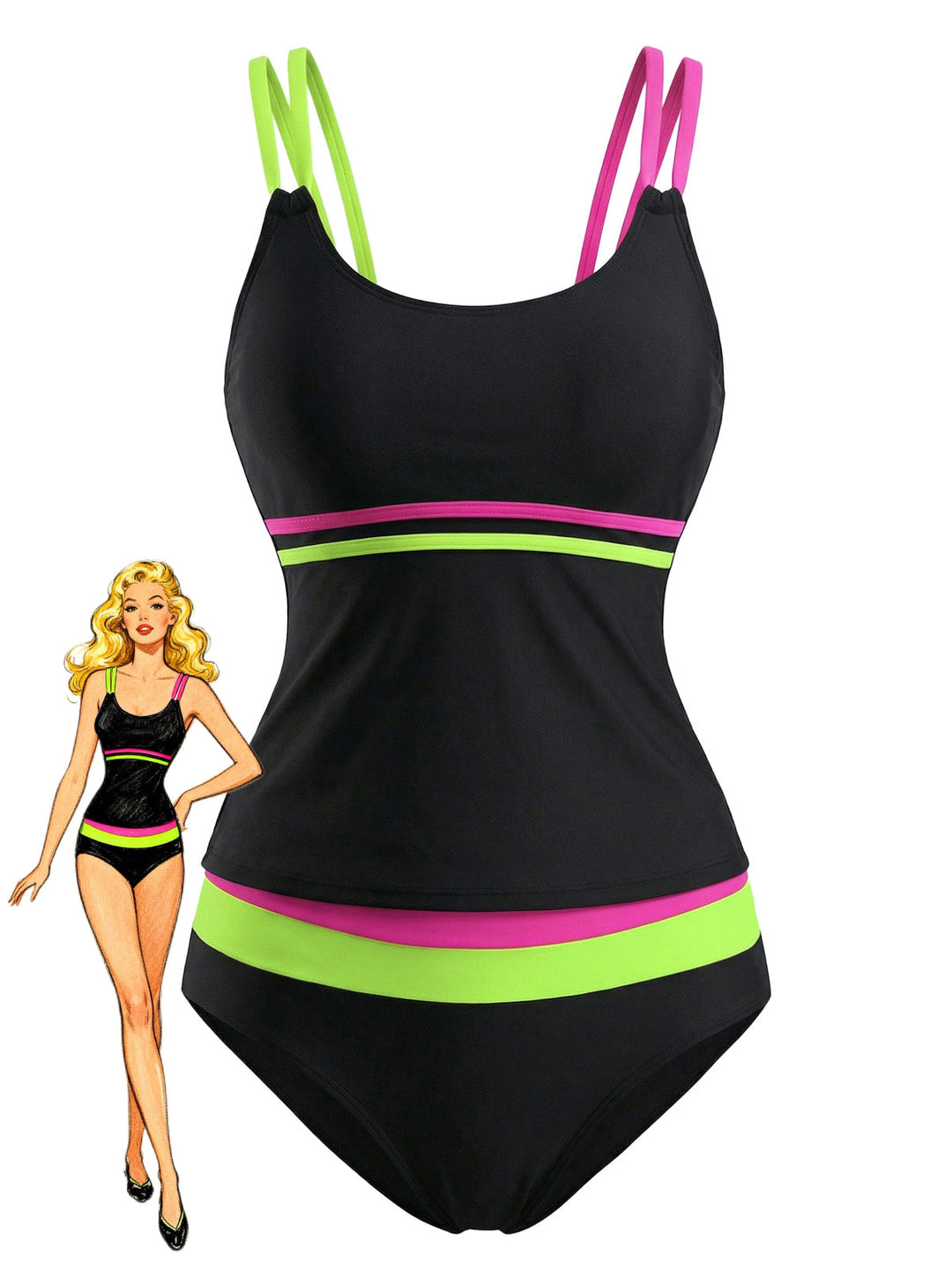 Black Neon Colorblock Double Strap Tankini Set - vintage fashion, retro style for vintage lovers