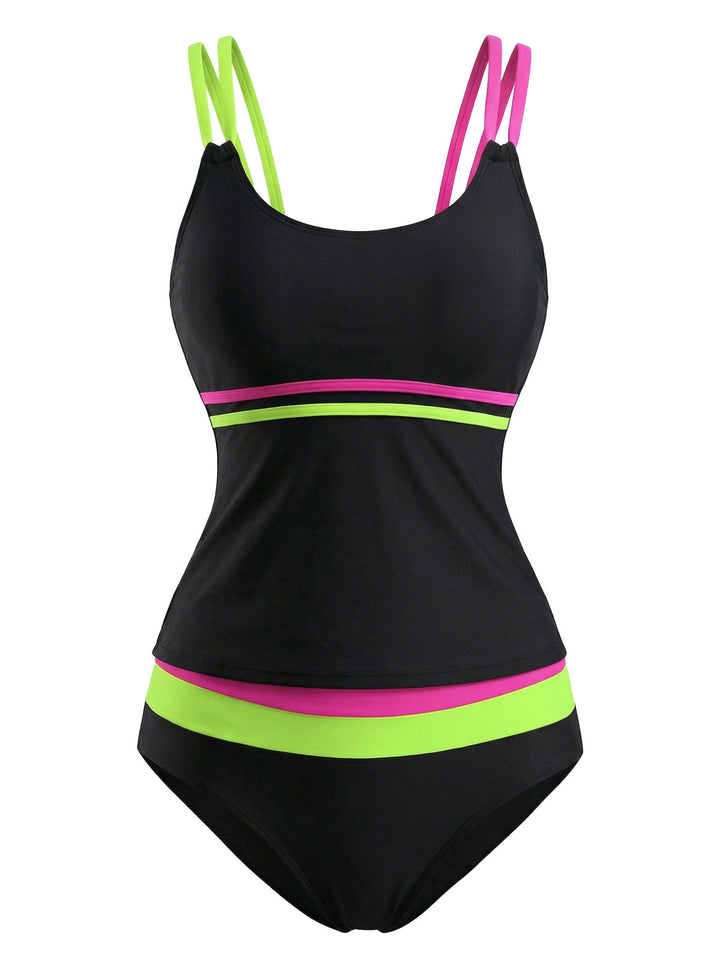 Black Neon Colorblock Double Strap Tankini Set - vintage fashion, retro style for vintage lovers