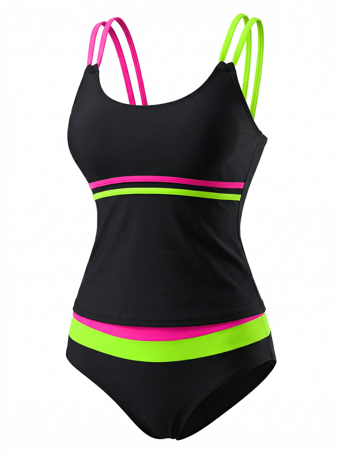 Black Neon Colorblock Double Strap Tankini Set - vintage fashion, retro style for vintage lovers