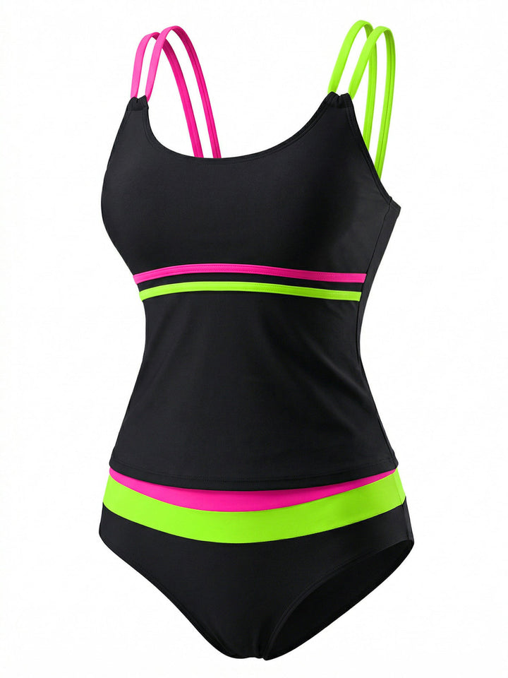Black Neon Colorblock Double Strap Tankini Set - vintage fashion, retro style for vintage lovers