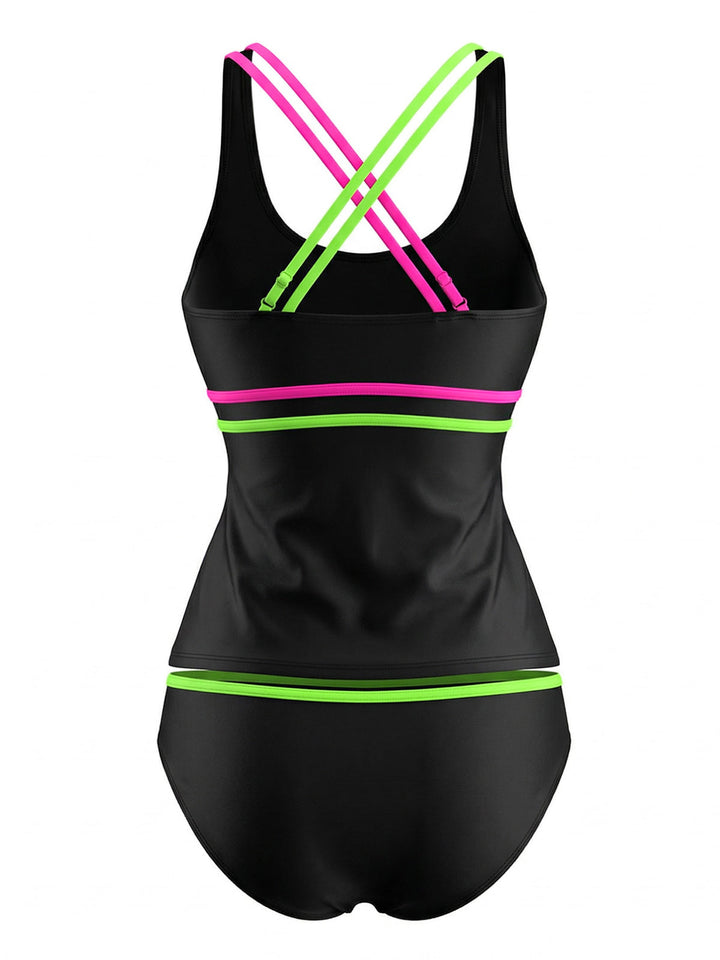 Black Neon Colorblock Double Strap Tankini Set - vintage fashion, retro style for vintage lovers