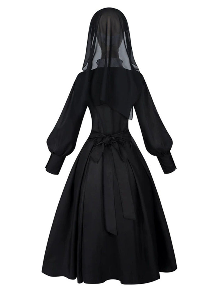 Black 1940s Nun-Style Cross Necklace Dress - vintage dress, retro fashion, classic black