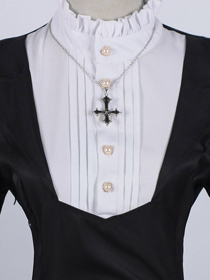 Black 1940s Nun-Style Cross Necklace Dress - vintage dress, retro fashion, classic black