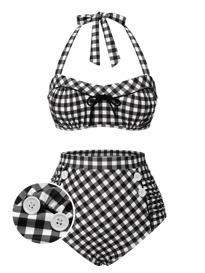 Black 1940s Plaid Halter Swimsuit, vintage swimsuit, pin-up swimwear - perfect for women who love vintage and retro fashion