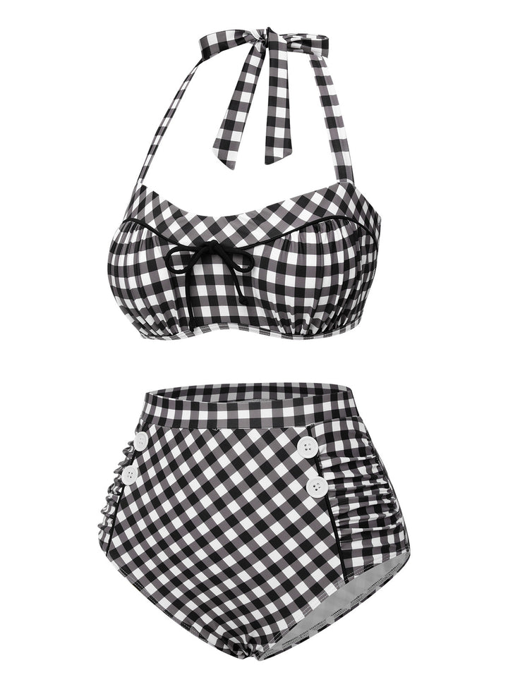 Black 1940s Plaid Halter Swimsuit, vintage swimsuit, pin-up swimwear - perfect for women who love vintage and retro fashion