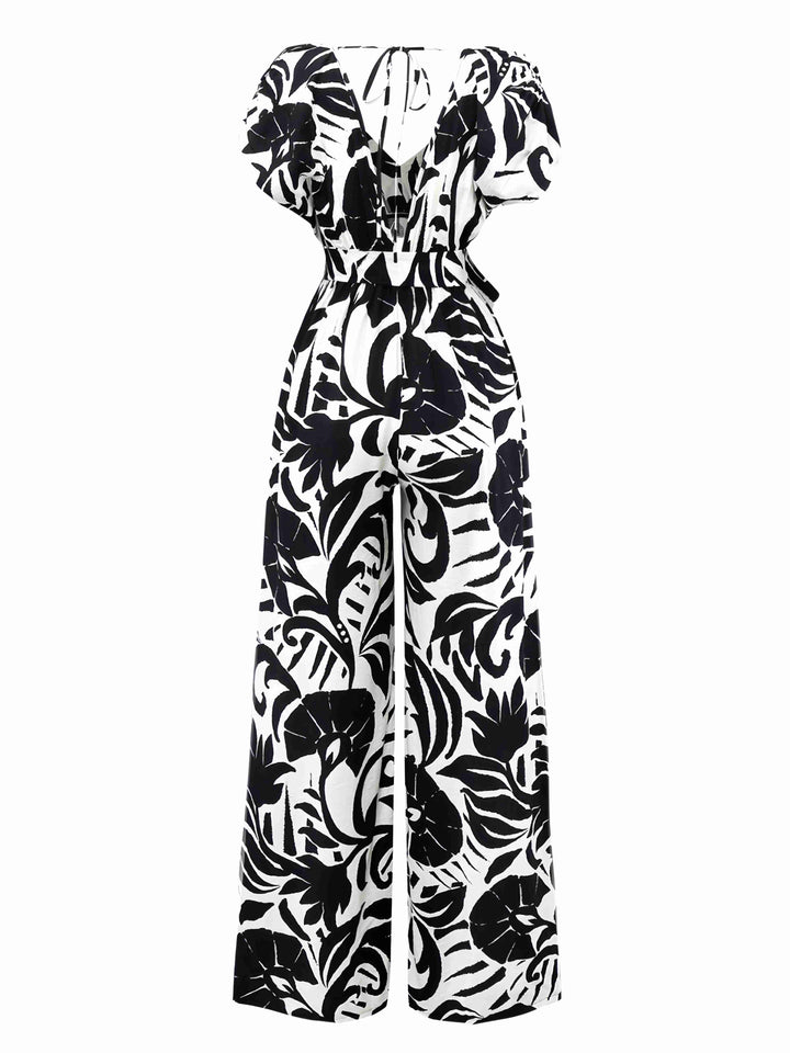 Black 1940s Plants Silhouette Bat Sleeve Jumpsuit - vintage jumpsuit, retro fashion, classic black