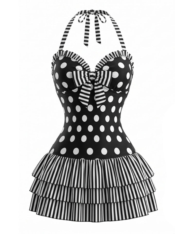 [Pre-Sale] Black Polka Dot Bow Halter One-Piece Swimdress, vintage dress, retro fashion - perfect for women who love vintage and retro fashion
