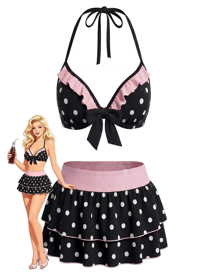 Black Polka Dot Halter Bikini Set