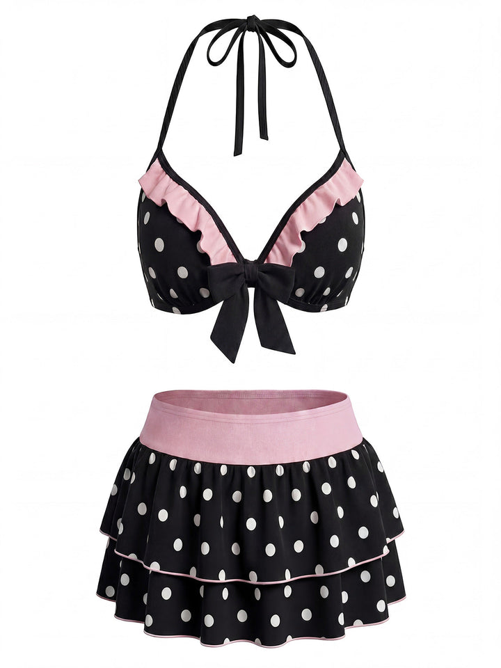 Black Polka Dot Halter Bikini Set 2