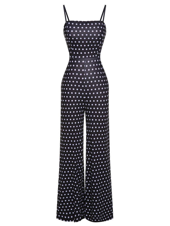 Black 1940s Polka Dots Back Strap Jumpsuit, vintage romper, retro jumpsuit - perfect for women who love vintage and retro fashion
