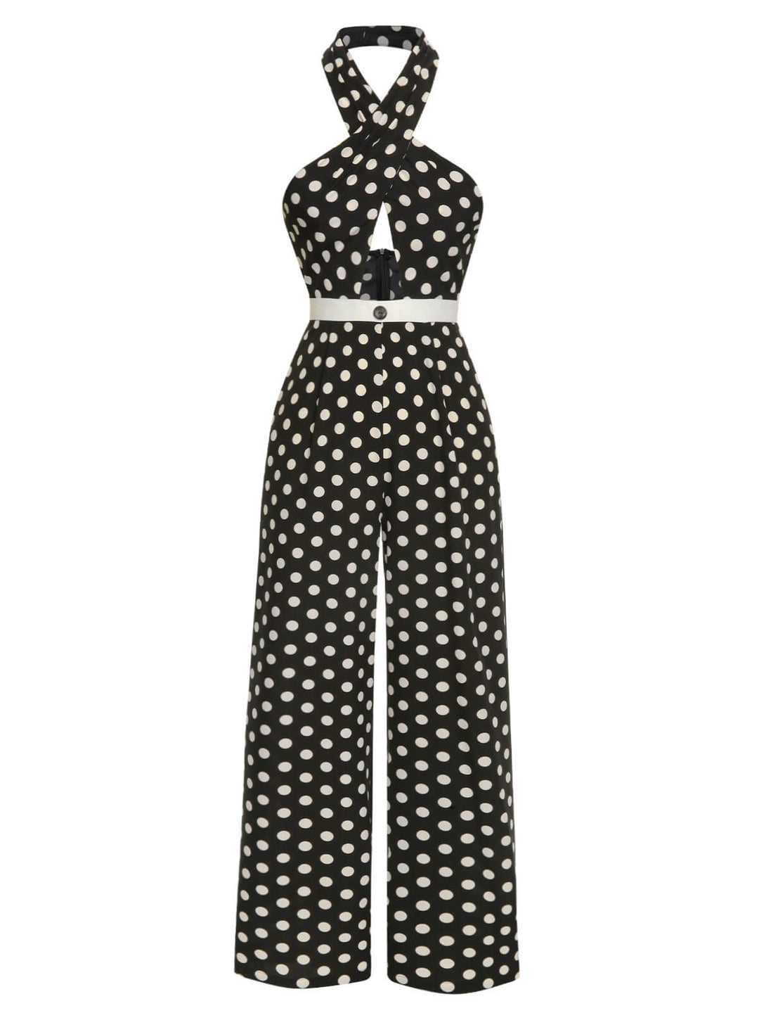 Black 1940s Polka Dots Cross Halter Jumpsuit, vintage romper, retro jumpsuit - perfect for women who love vintage and retro fashion