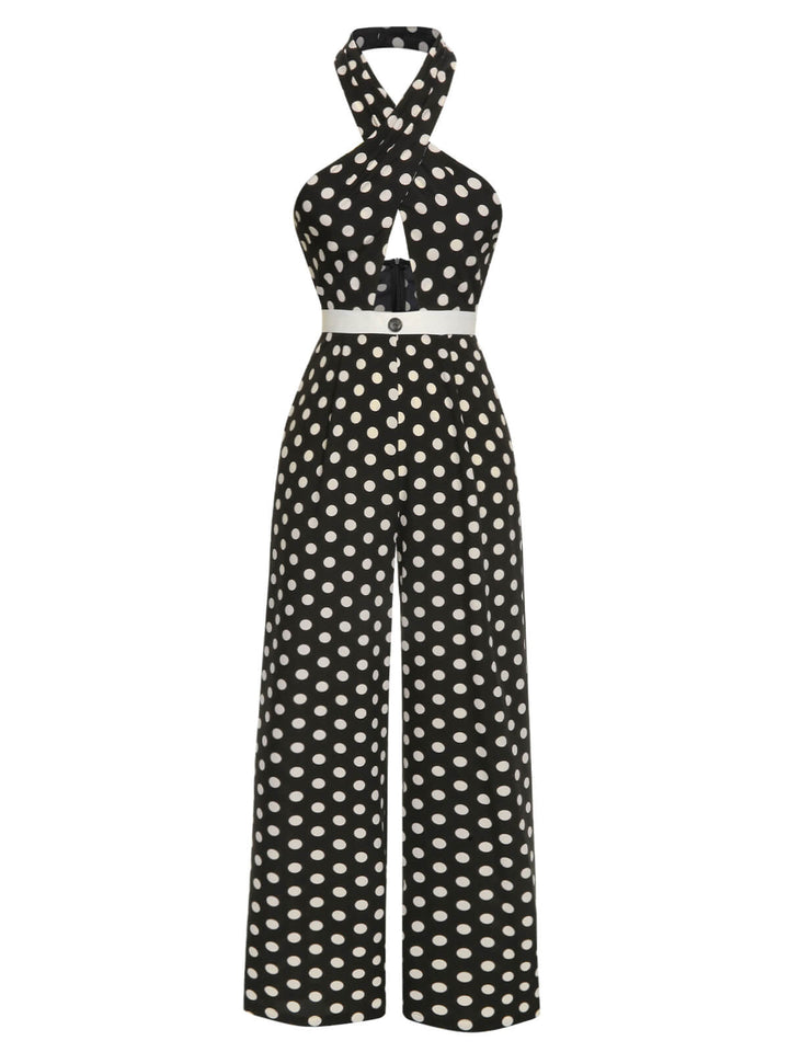 Black 1940s Polka Dots Cross Halter Jumpsuit, vintage romper, retro jumpsuit - perfect for women who love vintage and retro fashion