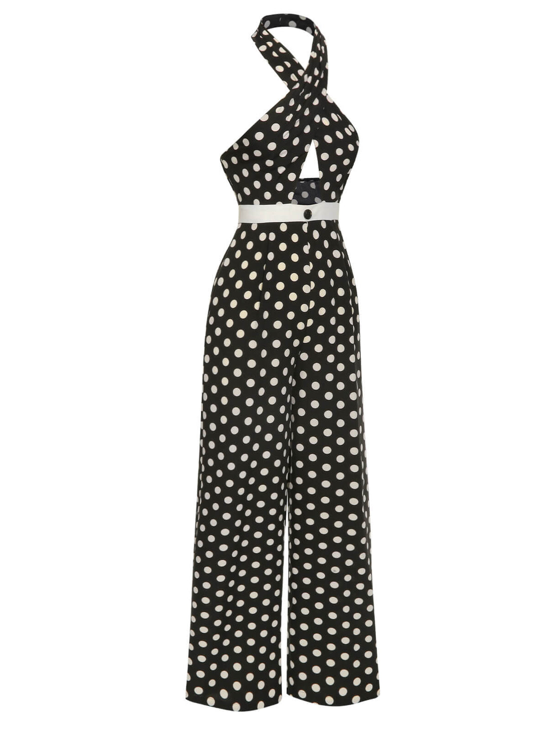 Black 1940s Polka Dots Cross Halter Jumpsuit, vintage romper, retro jumpsuit - perfect for women who love vintage and retro fashion