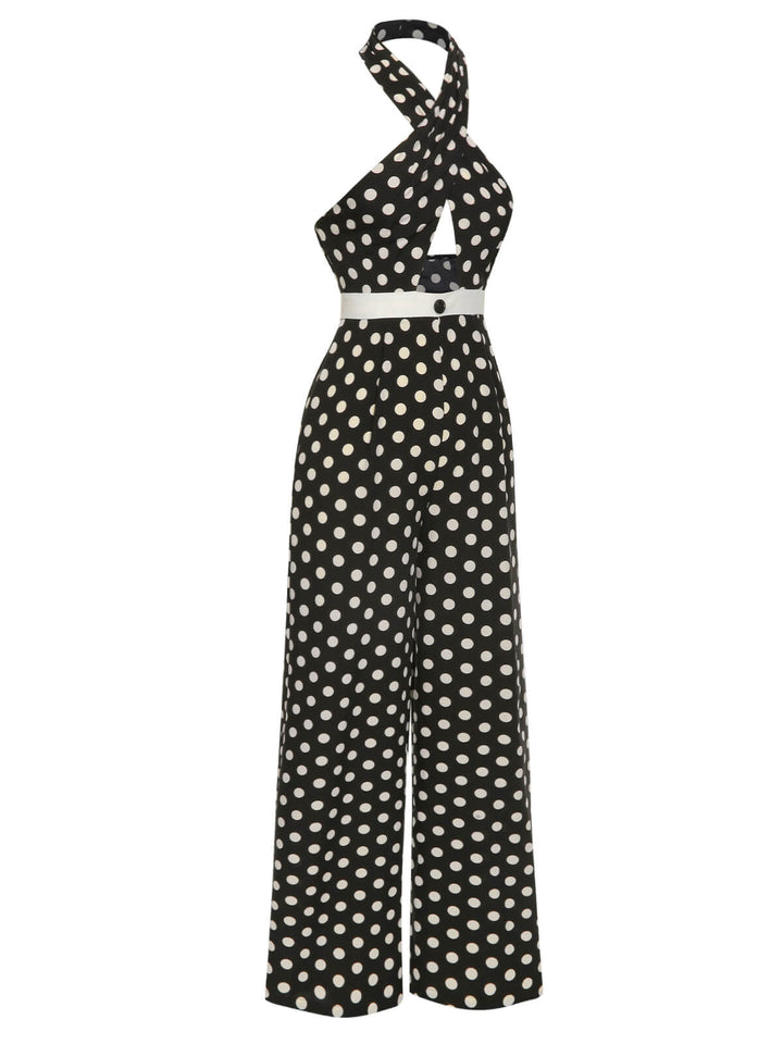 Black 1940s Polka Dots Cross Halter Jumpsuit, vintage romper, retro jumpsuit - perfect for women who love vintage and retro fashion