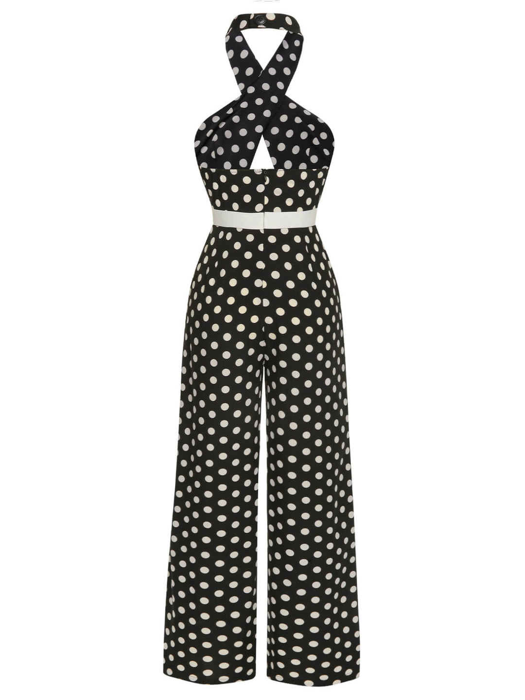 Black 1940s Polka Dots Cross Halter Jumpsuit, vintage romper, retro jumpsuit - perfect for women who love vintage and retro fashion
