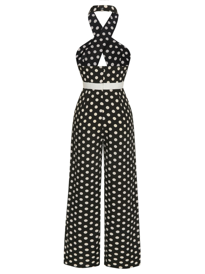 Black 1940s Polka Dots Cross Halter Jumpsuit, vintage romper, retro jumpsuit - perfect for women who love vintage and retro fashion