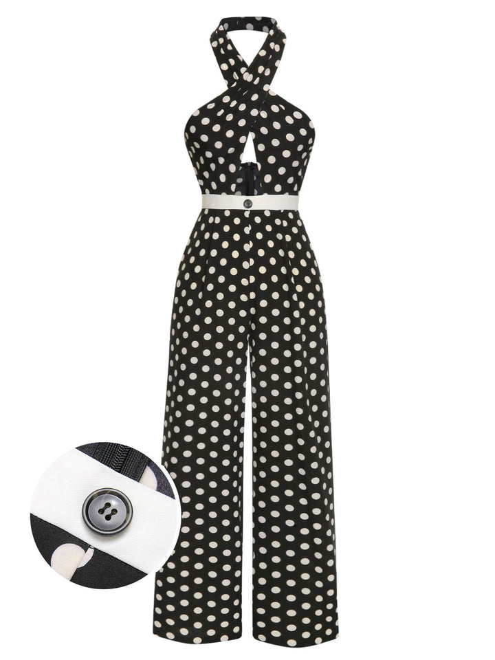 Black 1940s Polka Dots Cross Halter Jumpsuit, vintage romper, retro jumpsuit - perfect for women who love vintage and retro fashion