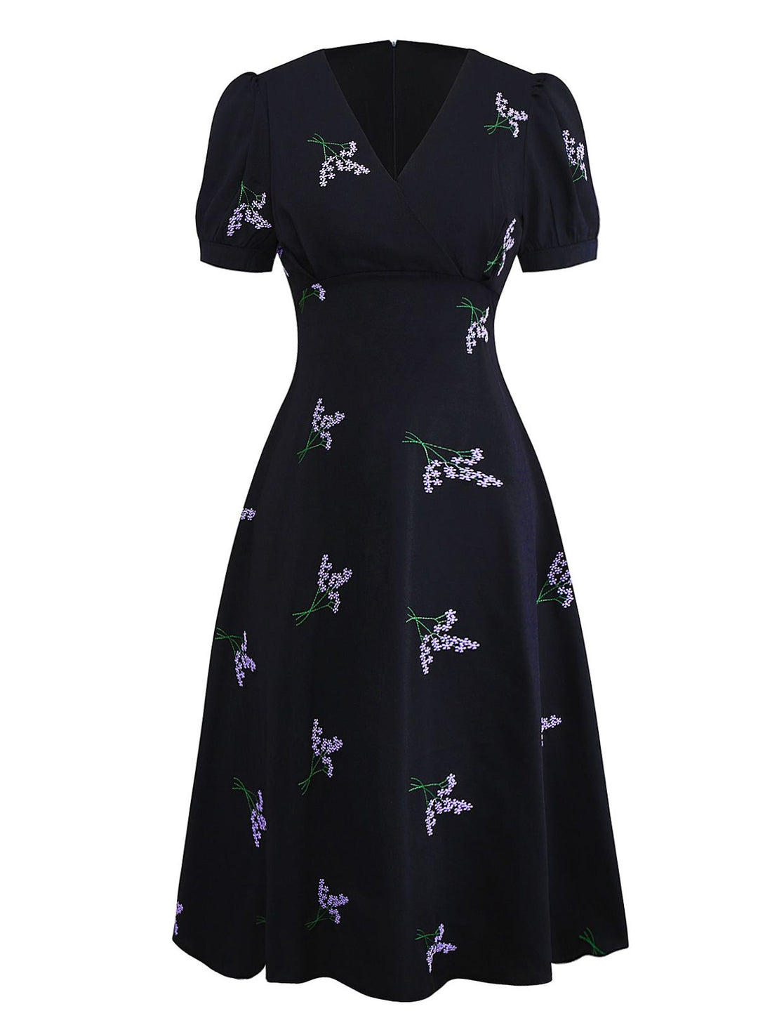 Black 1940s Purple Floral Embroidered V-Neck Dress - vintage dress, retro fashion, classic black