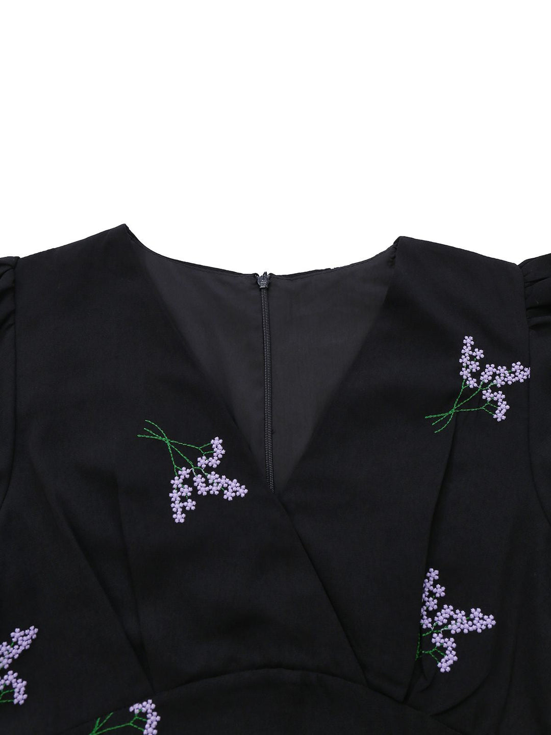 Black 1940s Purple Floral Embroidered V-Neck Dress - vintage dress, retro fashion, classic black