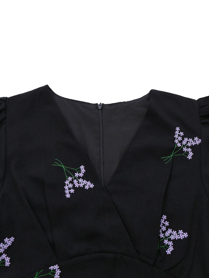 Black 1940s Purple Floral Embroidered V-Neck Dress - vintage dress, retro fashion, classic black