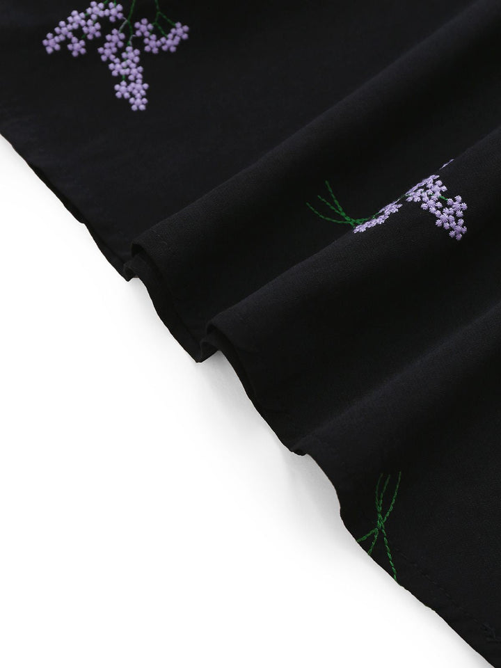 Black 1940s Purple Floral Embroidered V-Neck Dress - vintage dress, retro fashion, classic black