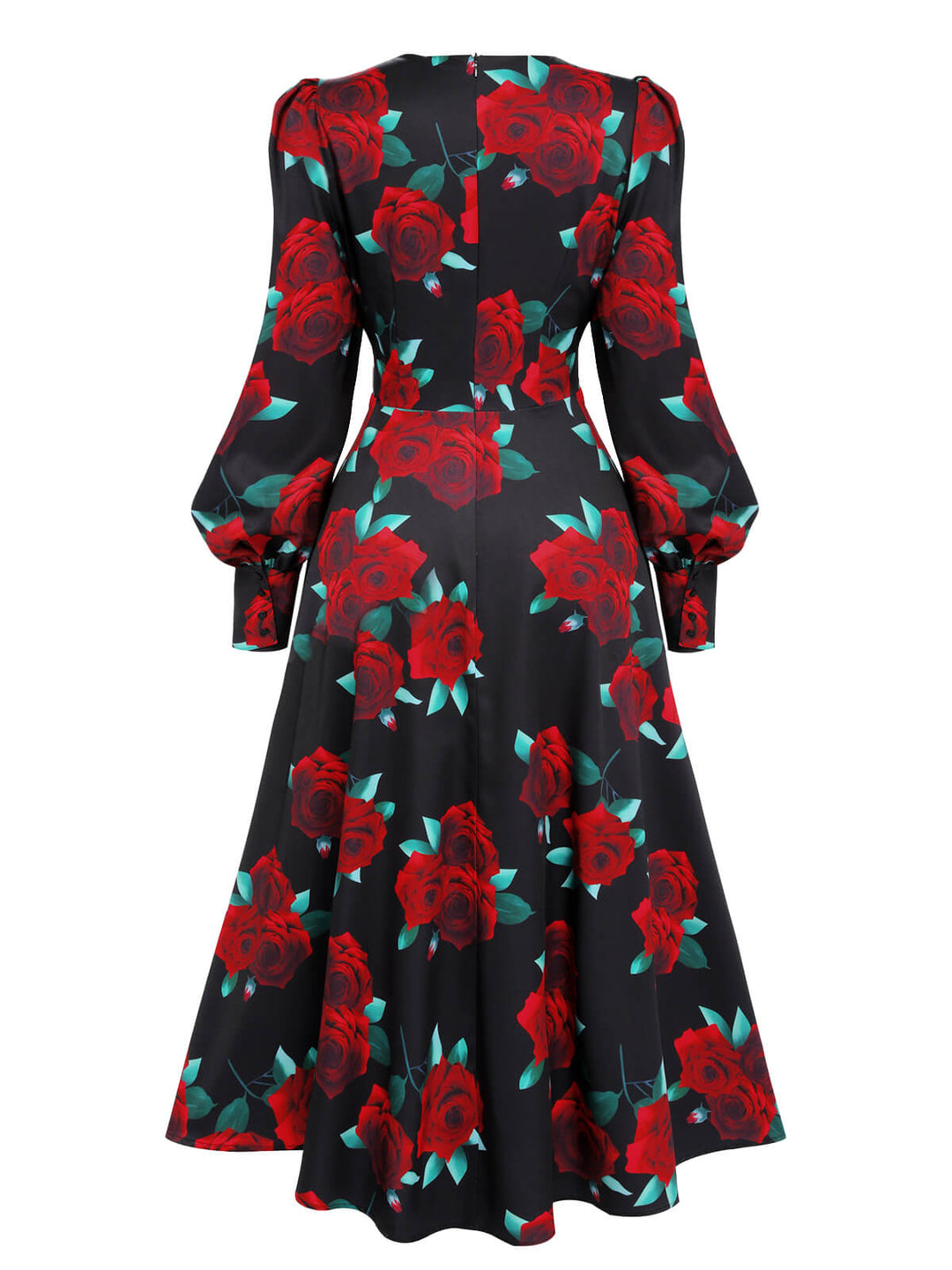 Black 1940s Rose Lantern Sleeve Lace-Up Dress, vintage dress, retro fashion, lace detail - perfect for women who love vintage and retro fashion