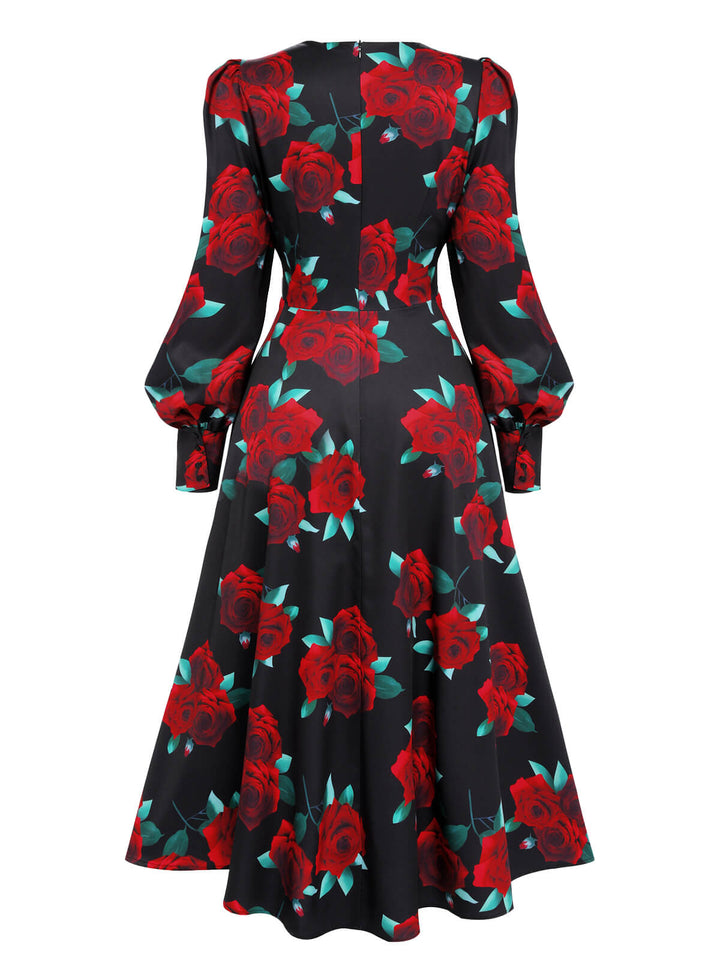 Black 1940s Rose Lantern Sleeve Lace-Up Dress, vintage dress, retro fashion, lace detail - perfect for women who love vintage and retro fashion