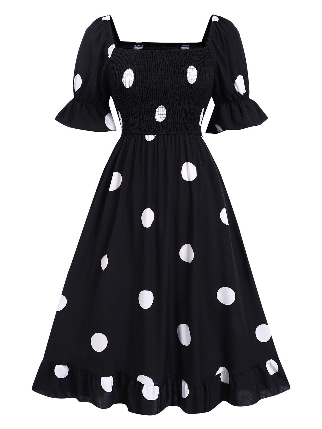 She slips into this Black 1940s Ruffle Cuffs Polka Dots Smocked Dress and suddenly it&
