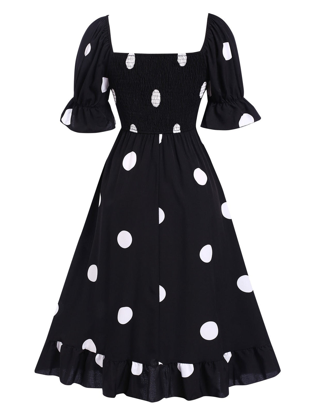 Black 1940s Ruffle Cuffs Polka Dots Smocked Dress, vintage dress, retro fashion - perfect for women who love vintage and retro fashion