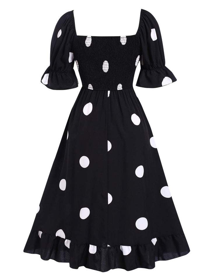 Black 1940s Ruffle Cuffs Polka Dots Smocked Dress, vintage dress, retro fashion - perfect for women who love vintage and retro fashion