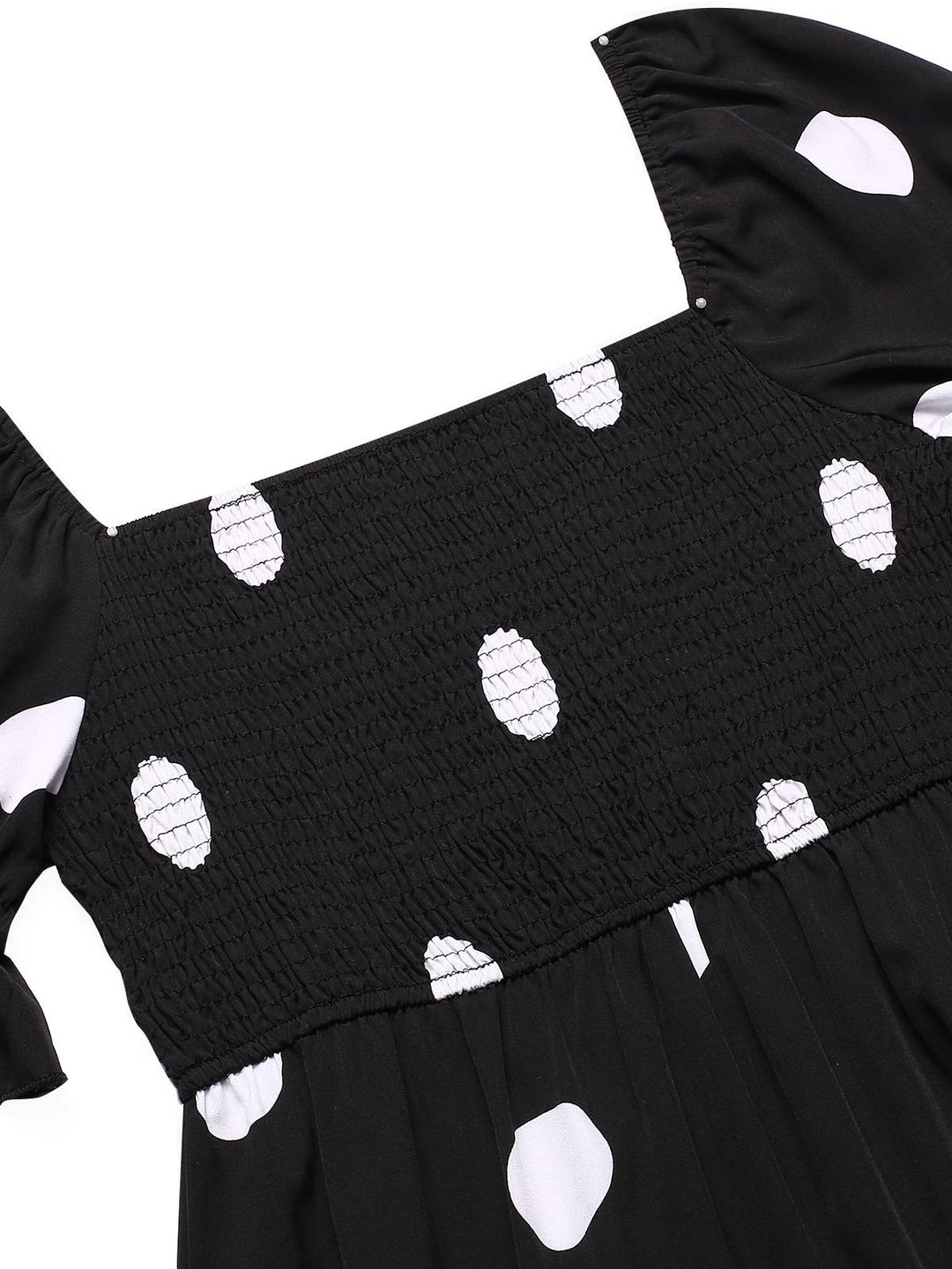 Black 1940s Ruffle Cuffs Polka Dots Smocked Dress, vintage dress, retro fashion - perfect for women who love vintage and retro fashion