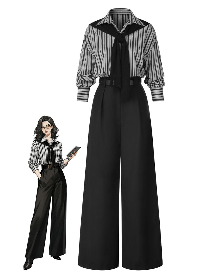 Black 1940s Shirt Collar Stripe Jumpsuit With Cape, vintage romper, retro jumpsuit - perfect for women who love vintage and retro fashion